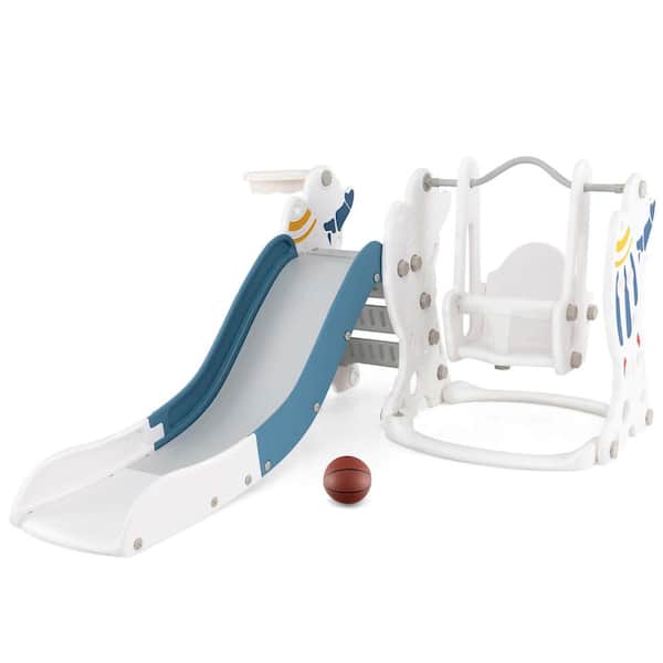 Costway Toddler Slide and Swing Set 4-In-1 Indoor Playground with Extended Slide and Swing Blue