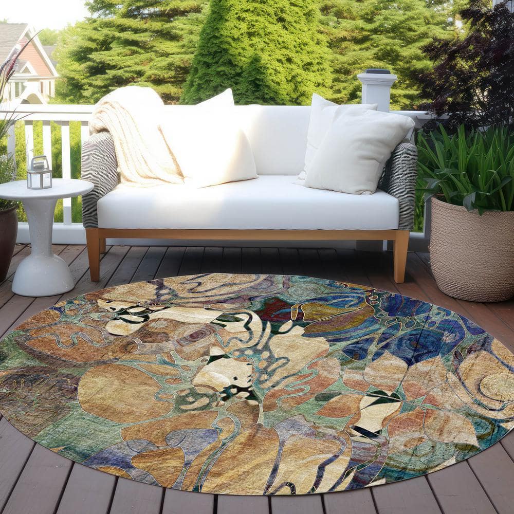 Beige and Multicolor Synthetic Floral Round Area Rug