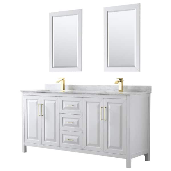 Wyndham Collection Daria 72 in. W x 22 in. D x 35.75 in. H Double Sink Bath Vanity in White w/ White Carrara Marble Top and 24 in. Mirrors