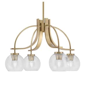 Olympia 14.75 in. 4-Light New Age Brass Downlight Chandelier 5" Clear Bubble Glass Shade