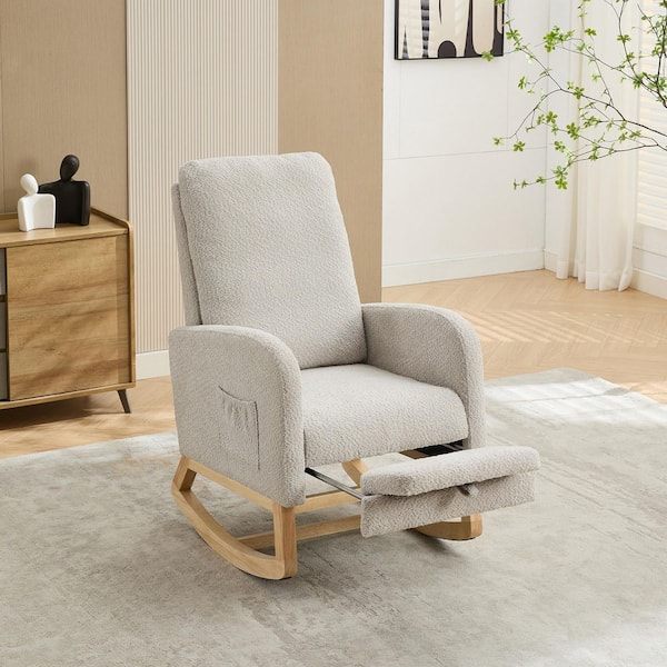25.4 in. Light Gray Boucle High Back Fabric Rocking Chair w/Retractable Footrest and Side Pocket for Living Room Bedroom