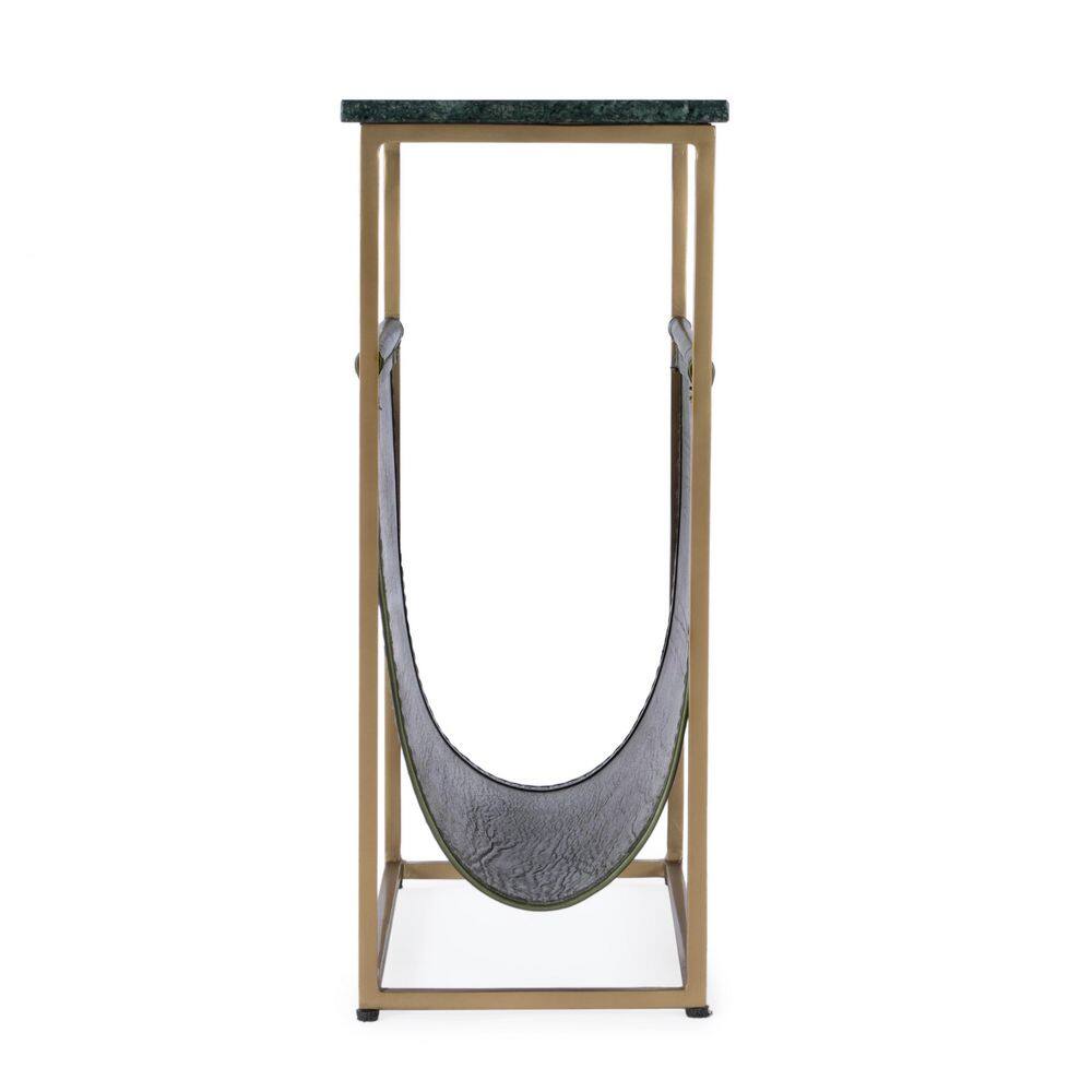 Koler 18 in. W Rectangular Green Marble, Leather and Metal Magazine End Table - thumbnail 2
