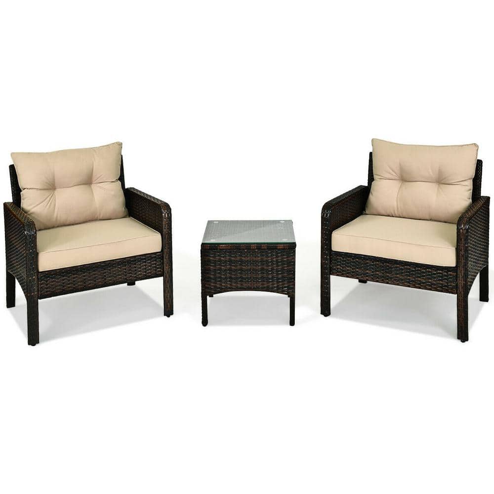 Outdoor 3-Pieces Outdoor Patio Rattan Conversation Set with Seat Cushions, 