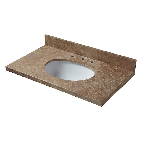 Pegasus 37 in. W Travertine Vanity Top in Noche Rustico with White Bowl and 8 in. Faucet Spread