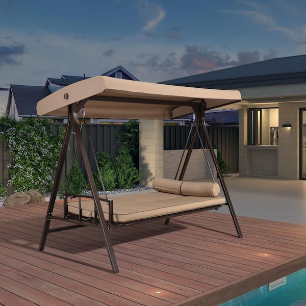 3-Seat Daybed Outdoor Porch Patio Swing Aluminum Adjustable Backrest, Brown