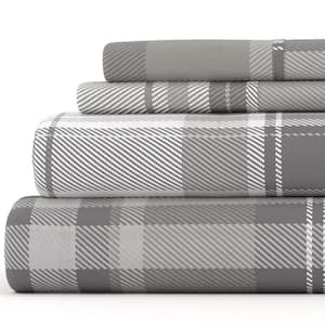 Premium 4 Piece Light Gray Plaid Flannel King Sheet Set