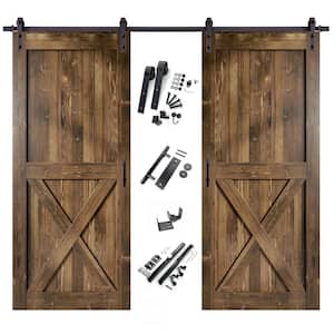 44 in. x 84 in. X-Frame Walnut Double Pine Wood Interior Sliding Barn Door with Hardware Kit, Non-Bypass