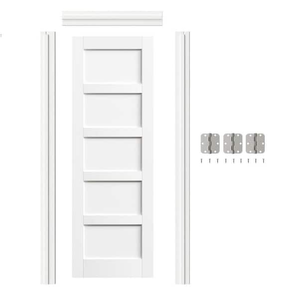 TENONER 24 in. x 80 in. 5-Panel, White Primed, Solid Wood & MDF Prehung Interior Door Left-Handed with Door Jamb and Hardware