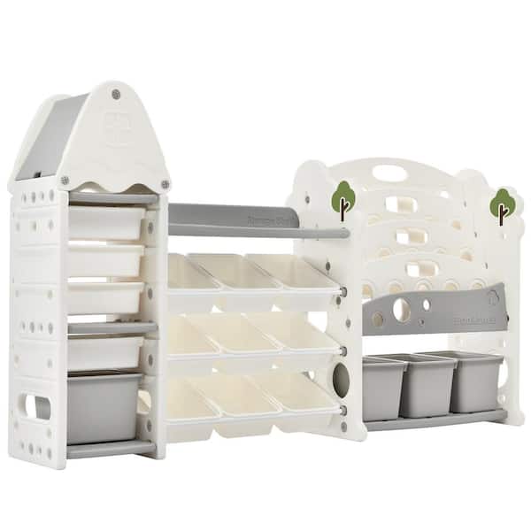 Bon Furni Gray Multi-functional Kids Toy Storage Organizer with with 17 Bins and 5 Bookshelves