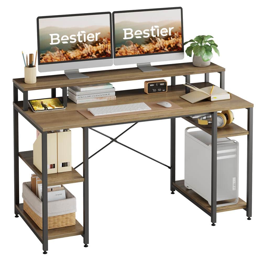 Bestier 55.12 in. Retro Oak Computer Desk with Monitor Stand D074GOAKR