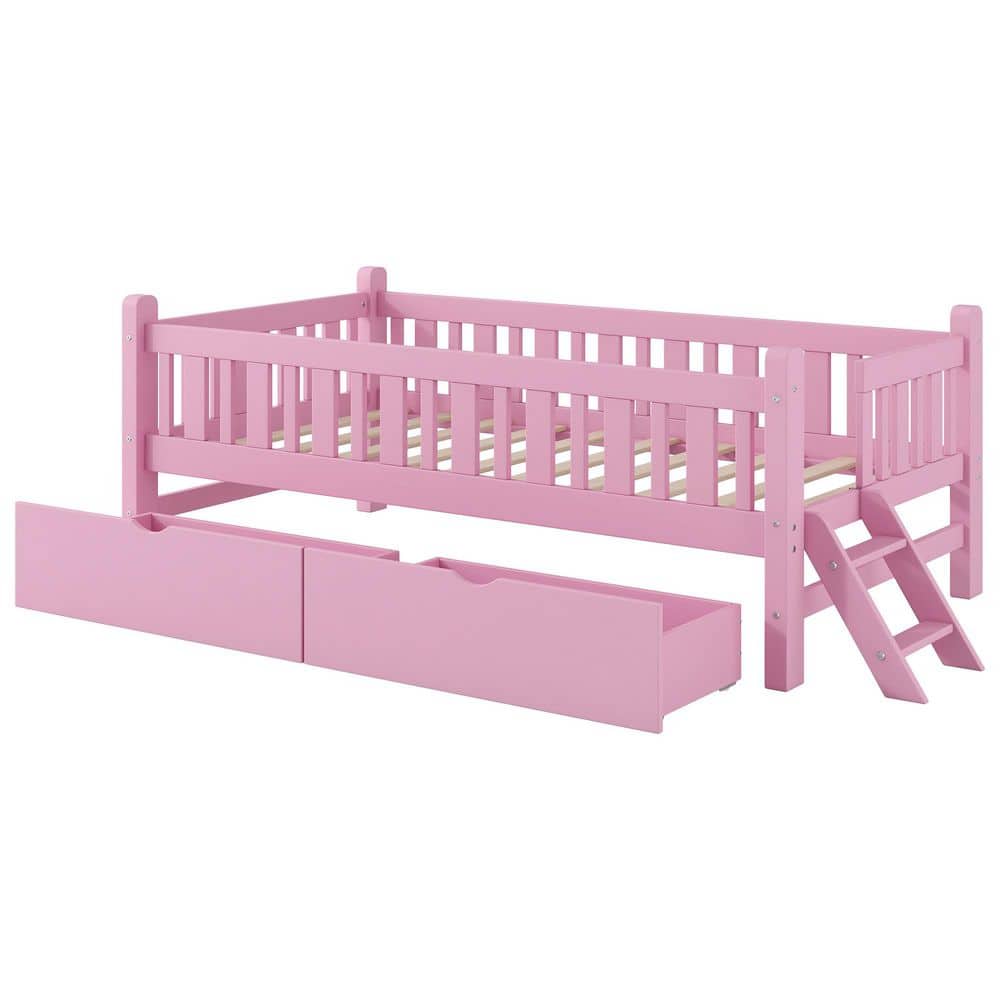 White Wood Frame Twin Size Platform Bed with Guardrail and 2-Drawers - thumbnail 8