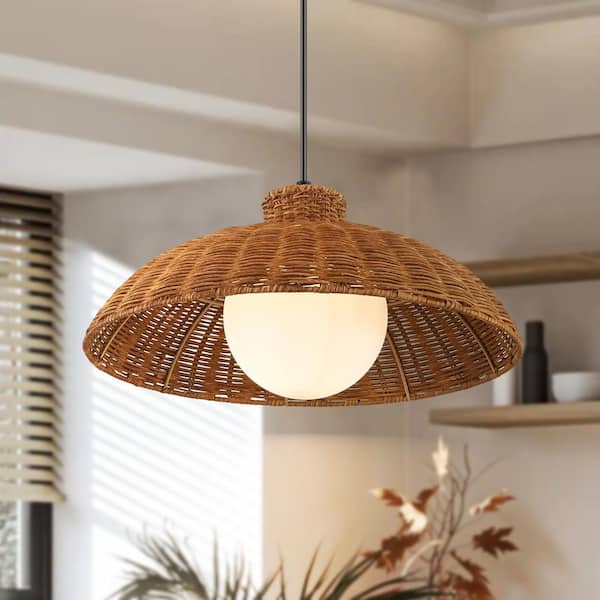 Caeli 1-Light Natural Rattan Pendant Light with White Glass Shade for Dining Room or Kitchen Island