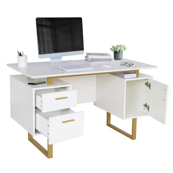 White and Gold Office Desk with Drawers Storage Techni Mobili