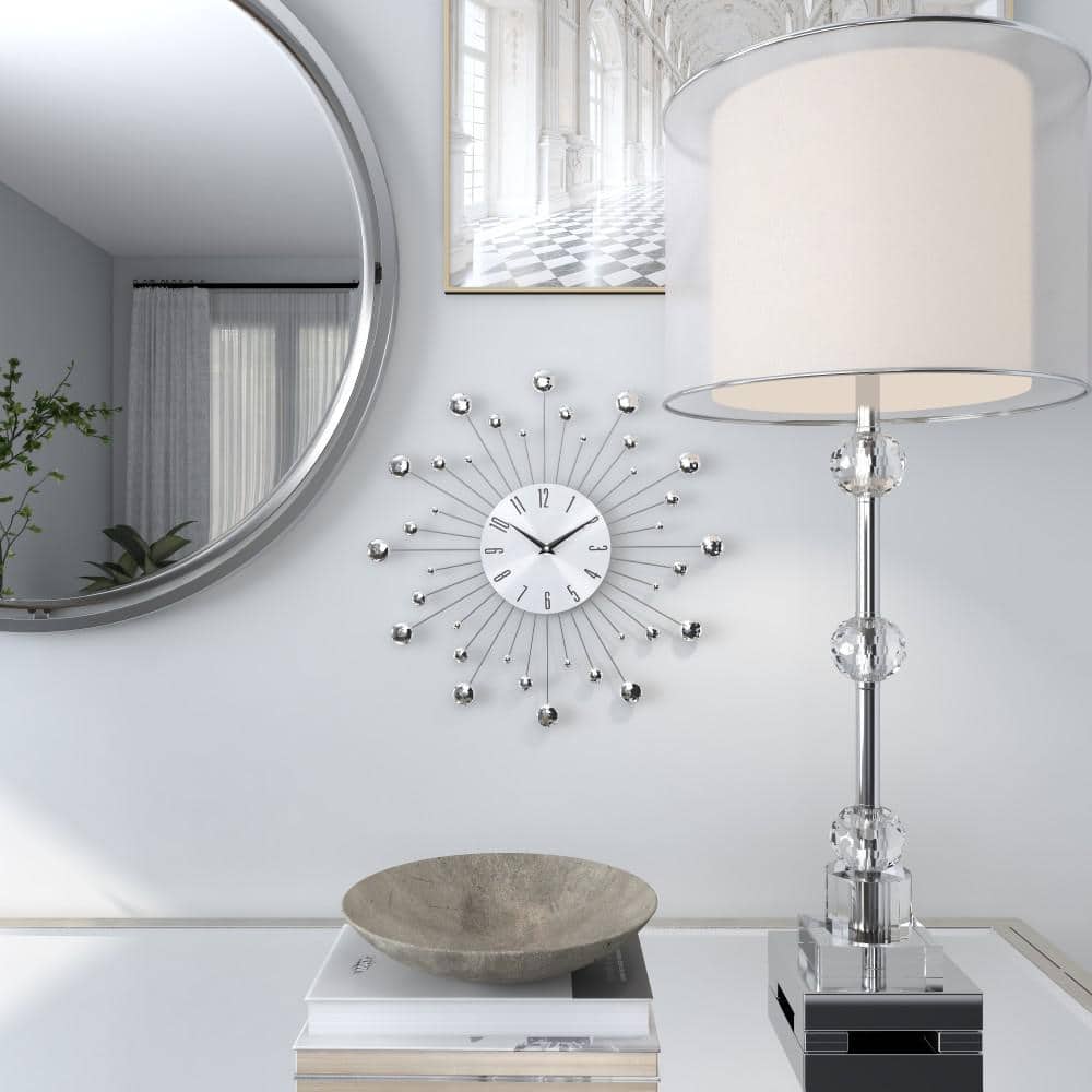 Silver Metal Starburst Wall Clock with Crystal Accents