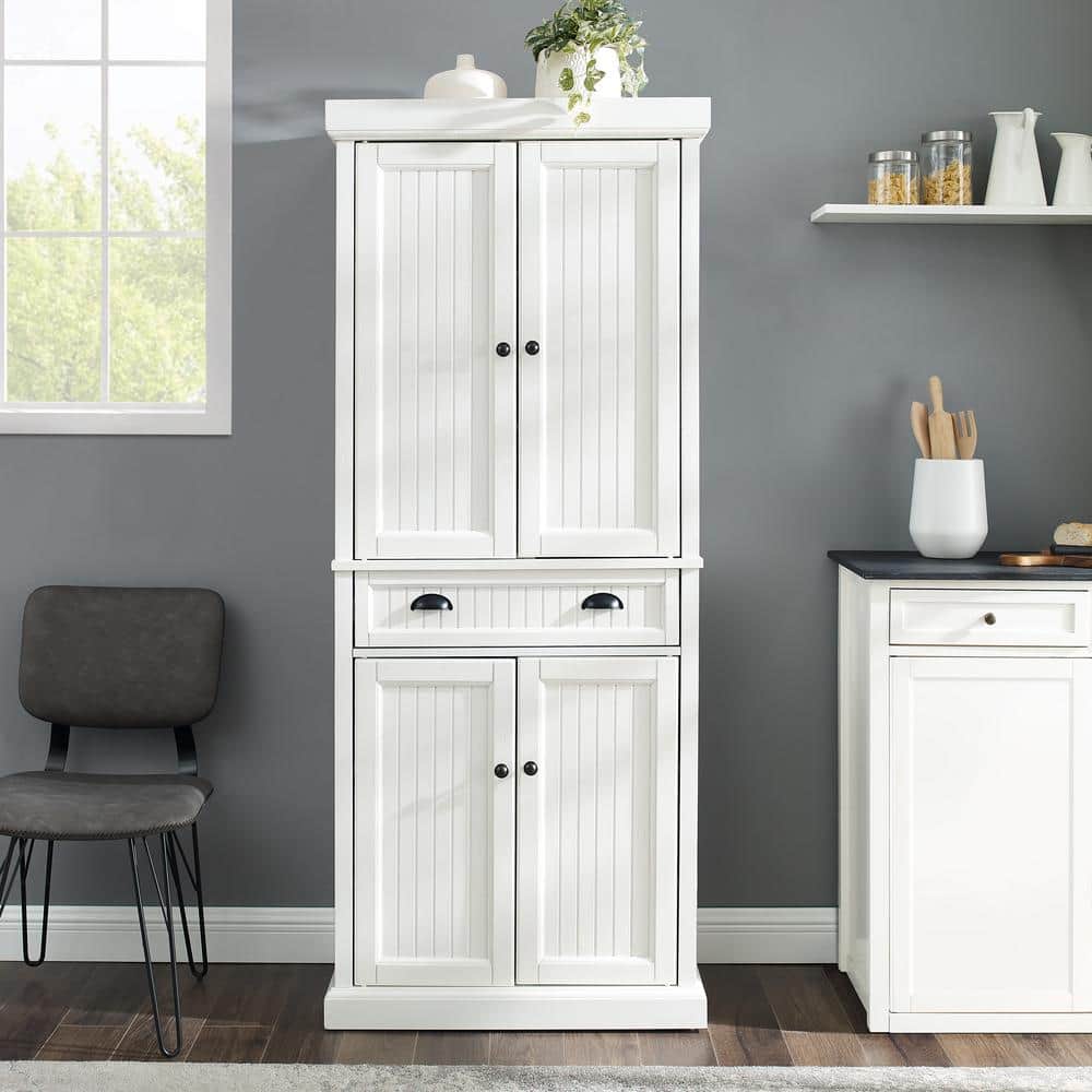 Seaside Distressed White Solid Wood Kitchen Pantry with Adjustable Shelves