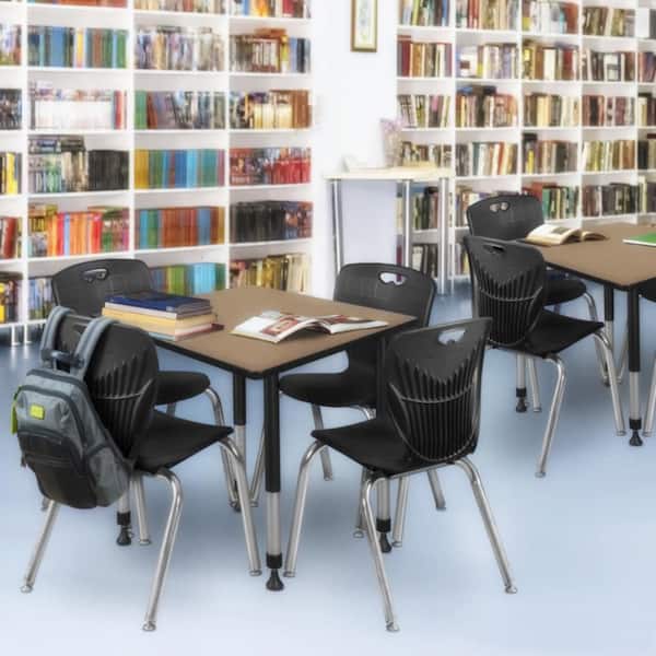 Kee 42 in. Square Noble Oak Adjustable Classroom Table Desk with Black Base and 4 Andy 18 in. Black Stack Chairs