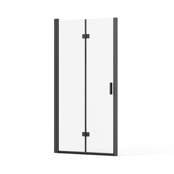 Vitrina 34 in. W x 72 in. H Bifold Frameless Shower Door in Black Finish Foldable with Tempered Clear Glass