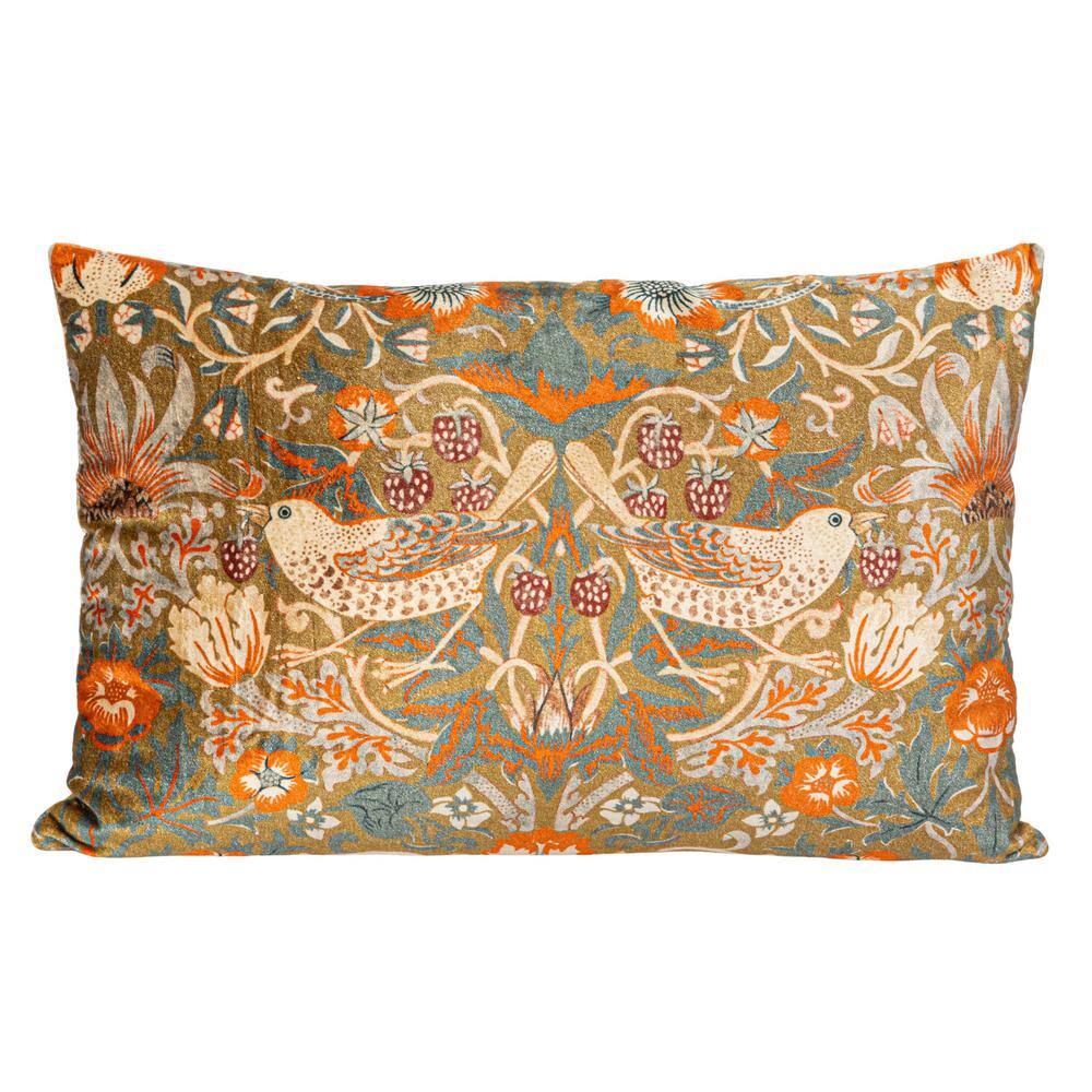 Multicolor Cotton Velvet Birds and Flowers Lumbar Pillow