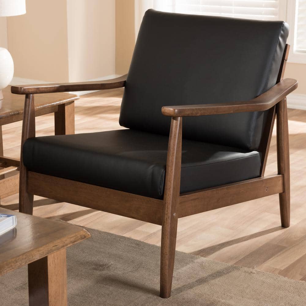 Venza Mid-Century Modern Lounge Chair in Black Faux Leather & Walnut