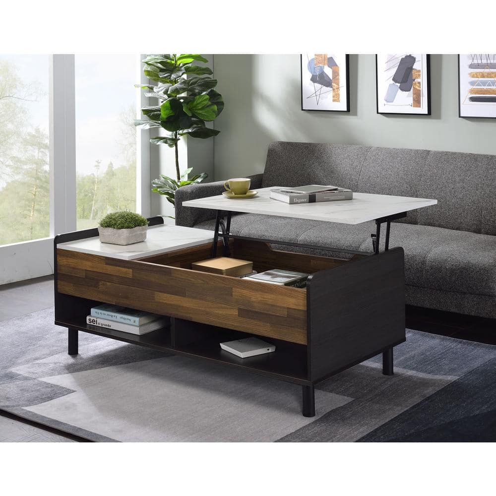Axel Rectangular Walnut and Marble Lift-Top Coffee Table with Storage