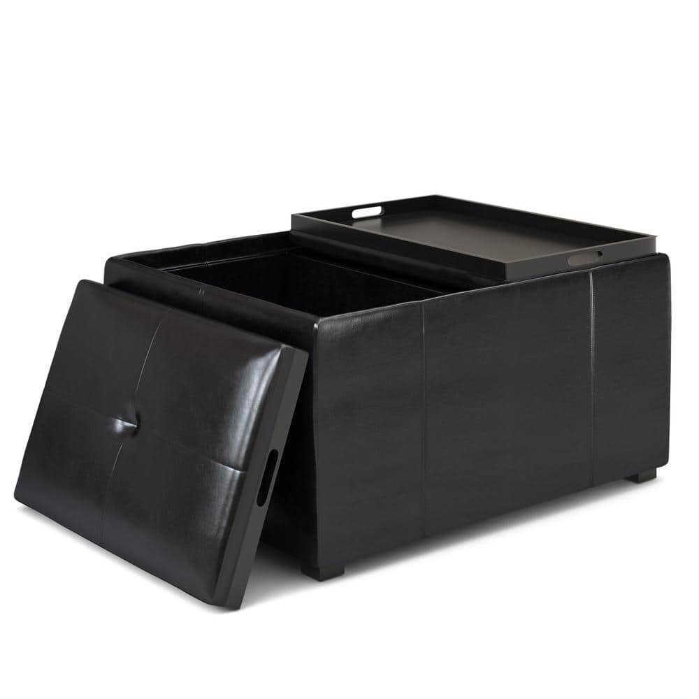 Midnight Black Tufted Faux Air Leather Cocktail Ottoman with Tray
