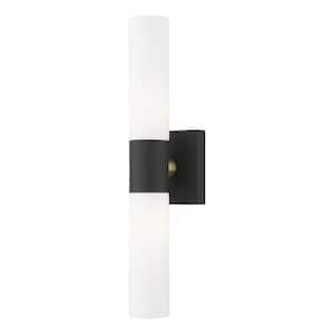 Aspen 2 Light Textured Black ADA Wall Sconce with Hand Blown Satin Opal White Twist Lock Glass