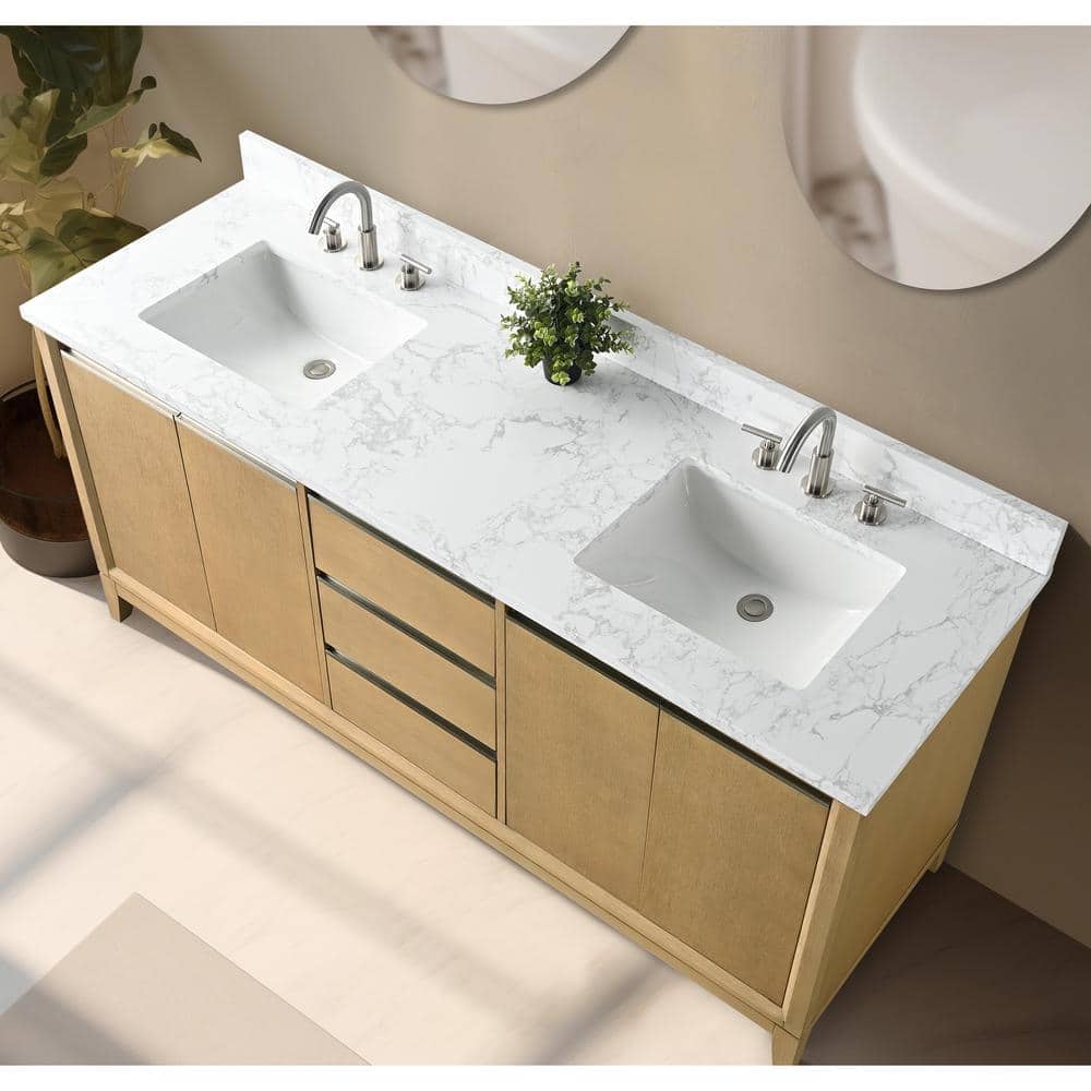 72" Natural Oak Double Sink Bathroom Vanity with Marble Top