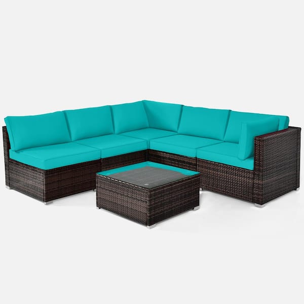 HONEY JOY 6-Piece Wicker Outdoor Sectional Conversation Furniture Set with Coffee Table & Turquoise Cushions