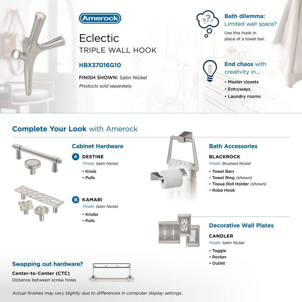 Satin Nickel Triple Prong Decorative Wall Hook