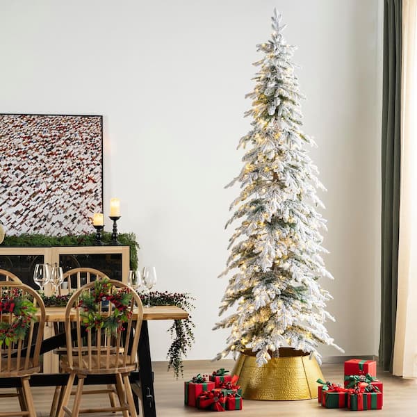 Glitzhome 9 ft. Pre-Lit Flocked Pencil Spruce Artificial Christmas