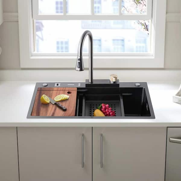 Nano Black Stainless Steel Kitchen Sink Waterfall wash Accessories Dish  Washing Pool Single Sink Bowl Household Kitchen Items