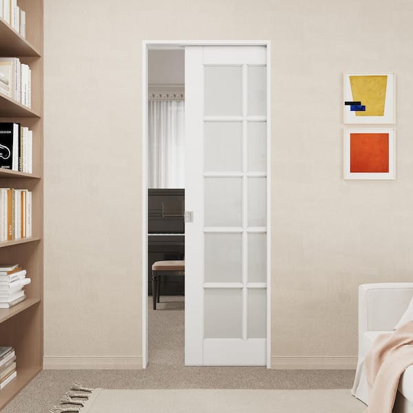 32 in. x 80 in., 10-Lite Frosted Glass White Primed Wood Pocket Door with Hardware Kit (Soft Close and Silver Lock Incl)
