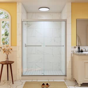 56 in.- 60 in. W x 76 in. H Double Sliding Semi-Frameless Shower Door in Brushed Nickel with 5/16 in. (8 mm) Clear Glass