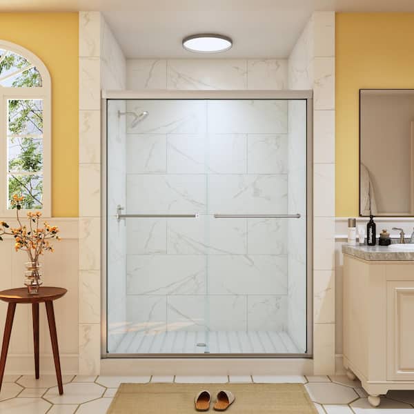 HOROW 56 in.- 60 in. W x 76 in. H Double Sliding Semi-Frameless Shower Door in Brushed Nickel with 5/16 in. (8 mm) Clear Glass