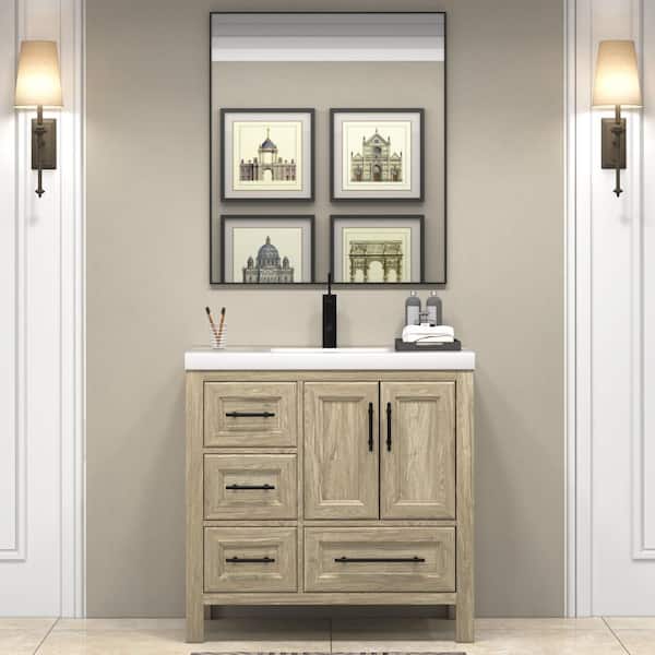 VIV 36 in. W x 20 in. D x 35 in. H Single Sink Freestanding Bath Vanity in Dark French Oak with White Acrylic Top