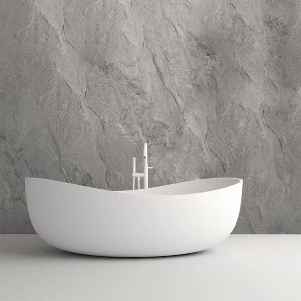 Vanity Art 63 in. L x 37.4 in. W Soaking Freestanding Stone Bathtub with Center Drain in White