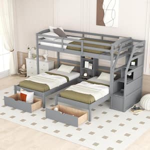 Gray Twin over Twin Bunk Bed with Drawers, Storage Staircase and Built-in Shelves