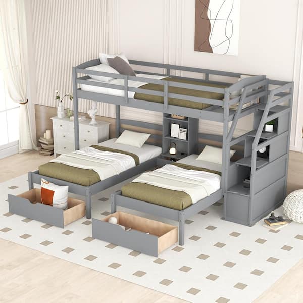 Harper & Bright Designs Gray Twin over Twin Bunk Bed with Drawers, Storage Staircase and Built-in Shelves