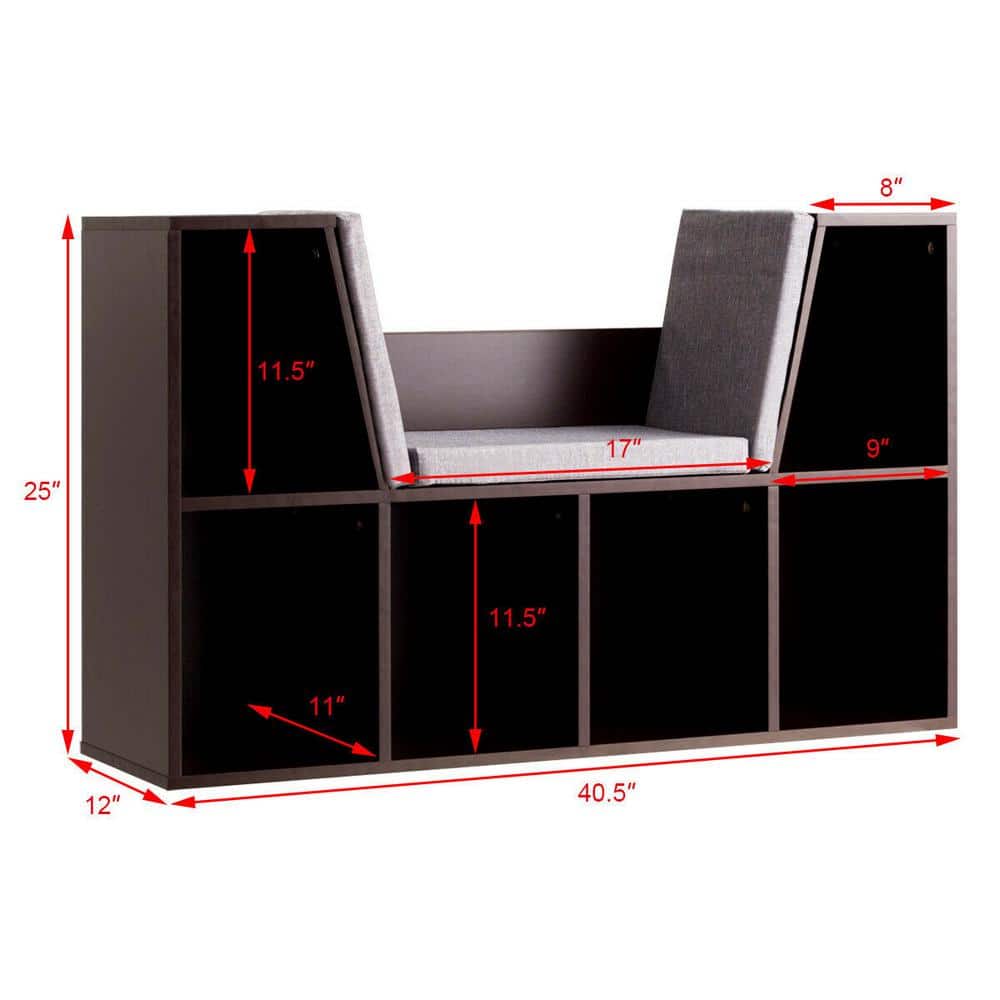 Brown 6-Cubby Kid Storage Bookcase with Cushioned Reading Nook