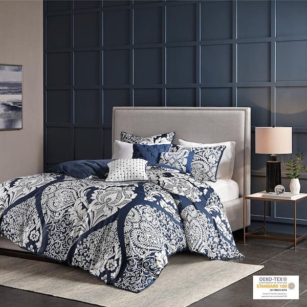 Afoxsos 6-Piece Blue Printed Damask Design Polyester King Duvet Cover Set