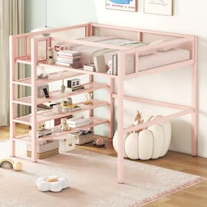 Pink Full Size Metal Loft Bed with 4-Tier Shelves and Bedside Storage Shelve