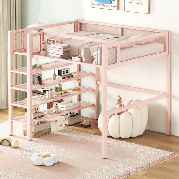 Harper & Bright Designs Pink Full Size Metal Loft Bed with 4-Tier Shelves and Bedside Storage Shelve