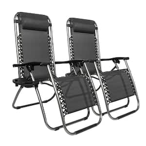 Outdoor Black 2-Pieces Zero Gravity Steel Frame Textiliene Recliner Lounge Chair in Black