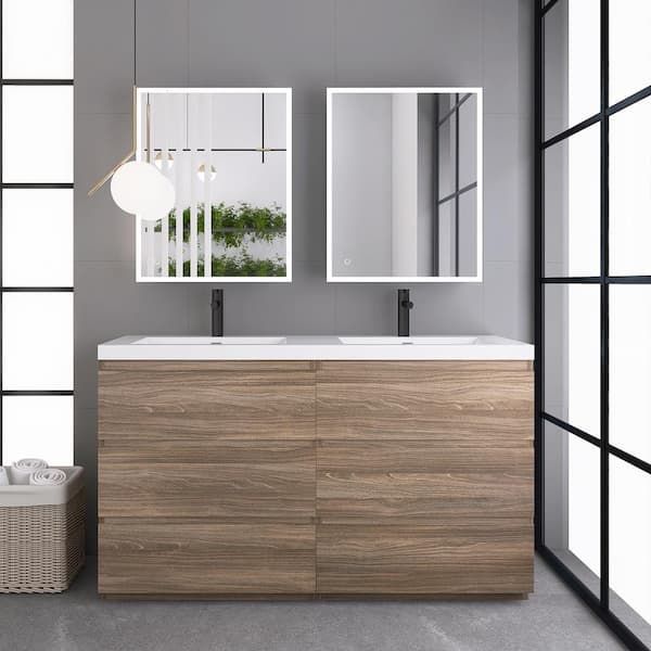 Unbranded 60 in. W x 20 in. D x 34 in. H Freestanding Bathroom Vanity in Maple Grey with White Solid Surface Top and Double Basin