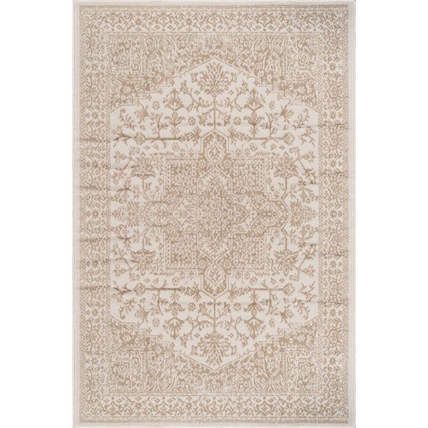 Athena Beige 6 ft. x 9 ft. Rubber Back Washable Oriental Border Indoor Outdoor Patio Area Rug