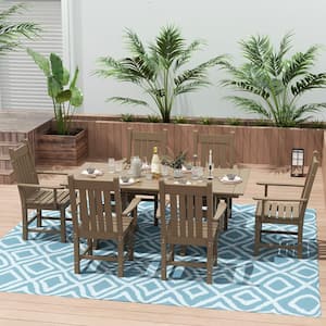 Hayes 7-Piece HDPE Plastic All Weather Outdoor Patio Trestle Table Dining Set with Armchairs in Weathered Wood