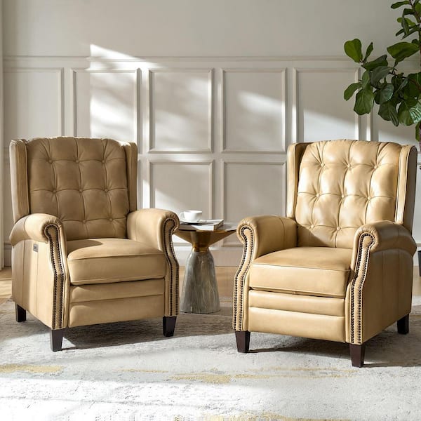JAYDEN CREATION Carlos Beige 29.25''W Genuine Leather Power Recliner with Solid Wood Legs Set of 2
