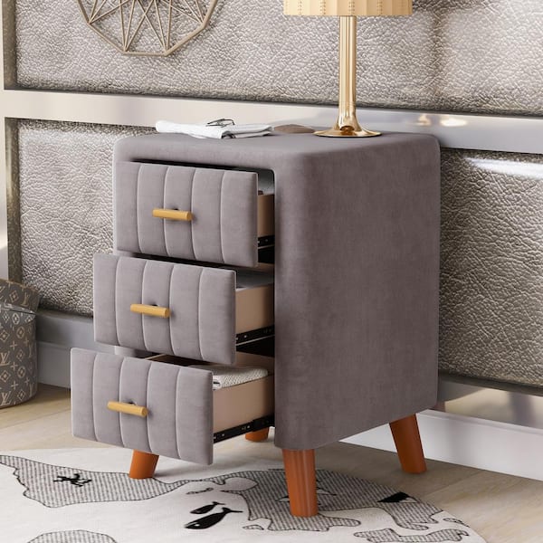 URTR 3-Drawer Modern Grey Bedroom Upholstery Nightstand with Three Drawers, End Side Table for Living Room and Hallway