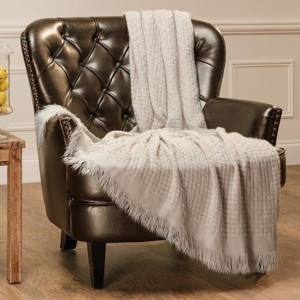 CHANASYA Waffle Textured Light Taupe Acrylic Throw Blanket with Tassels-50 in. x 65 in.