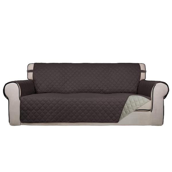 Chocolate and Beige Reversible Quilted Sofa Cover, Polyester Sofa Slipcover with Non-Slip Foam and Elastic Straps